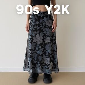 Y2K 90s VENUS Black Blue Floral Sheer Chiffon Maxi Skirt Fairy Grunge L